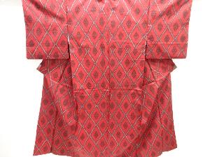 アンティーク　斜め格子に花菱模様織り出し手織り紬着物